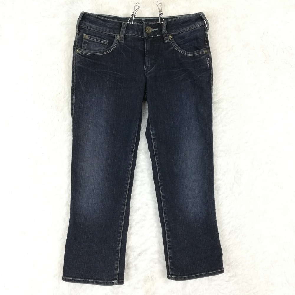Vtg Silver Jeans Womens‎ Aiko Capri Blue Denim Dark Wash Whiskering Low Rise 26